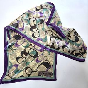 Coach Logo Pattern Purple and Aqua Silk Scarf